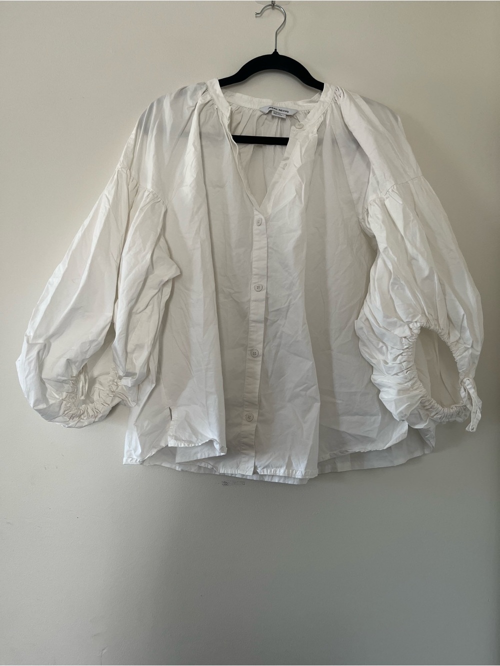 Urban Revivo White Cotton Peasant Top 10 Puff Sleeve Button Up Blouse Cottage